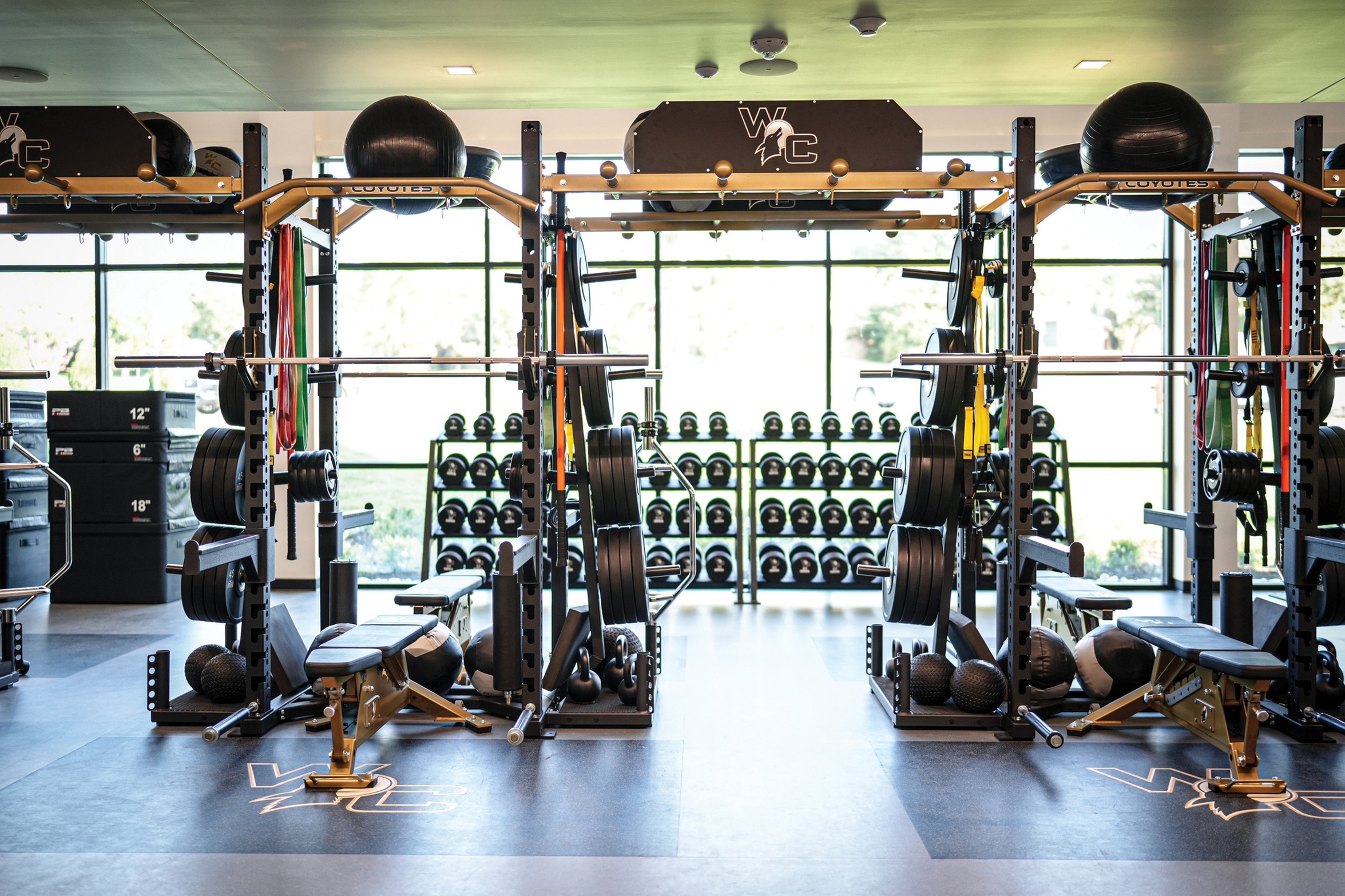 weight room with weight racks and dumb bells