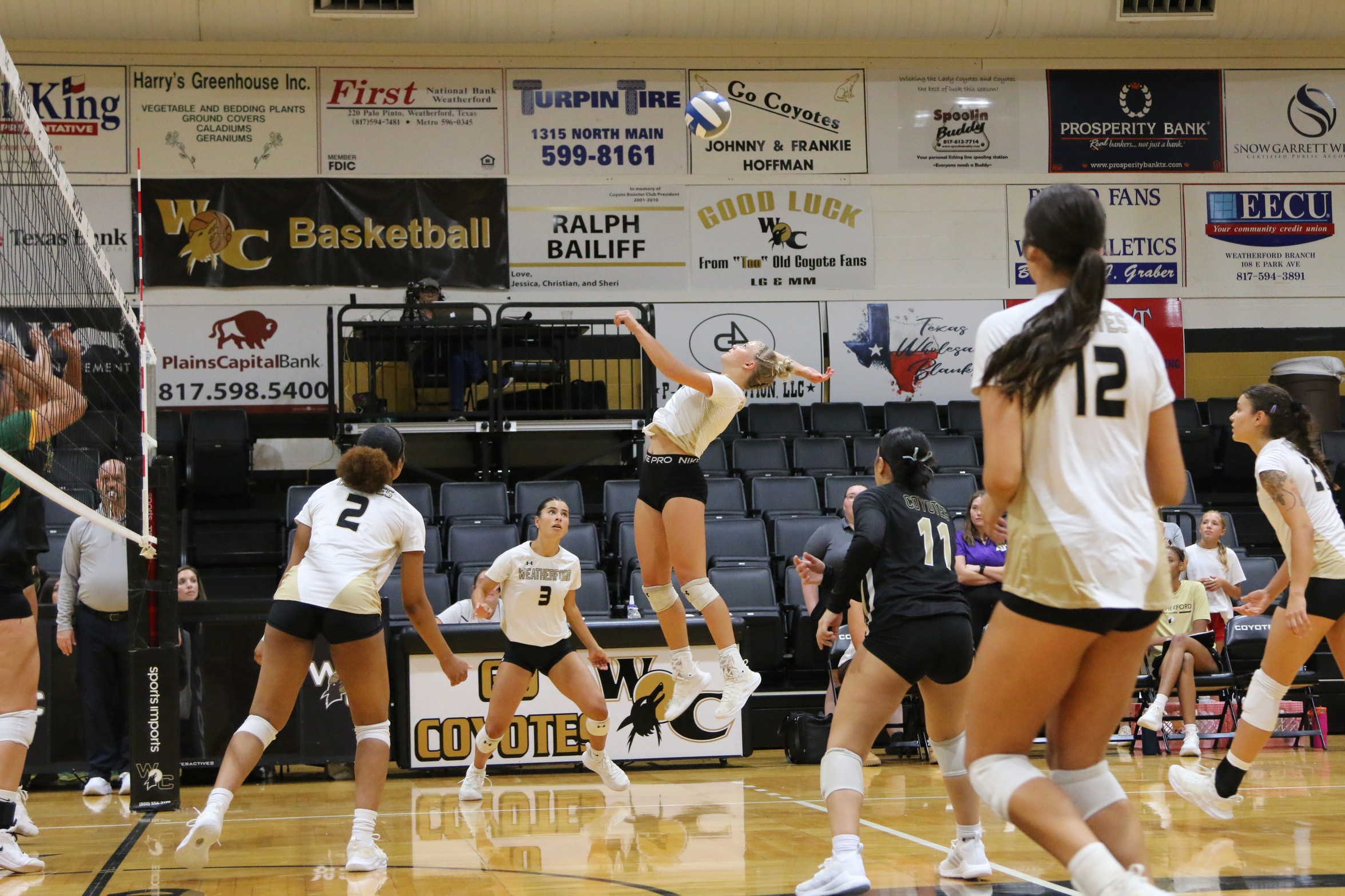 Volleyball player jumping to hit ball over net surrounded by onlooking team mates.